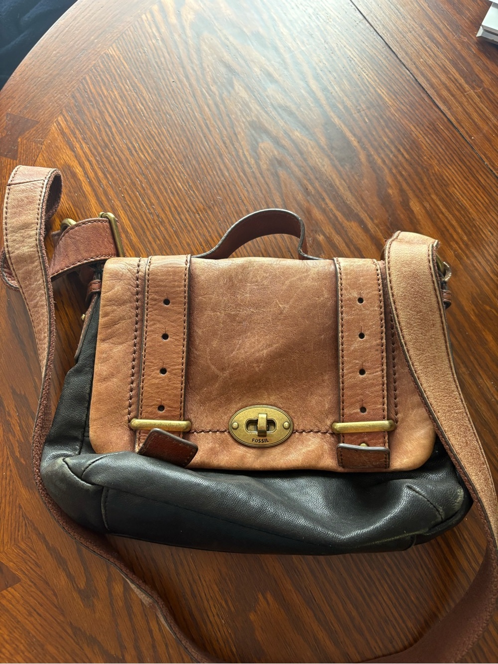 Fossil Two-Tone Tan and Dark Brown Leather Messenger Bag